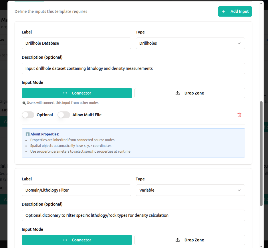Reusable workflow component showing input configuration with drillhole database and domain filters