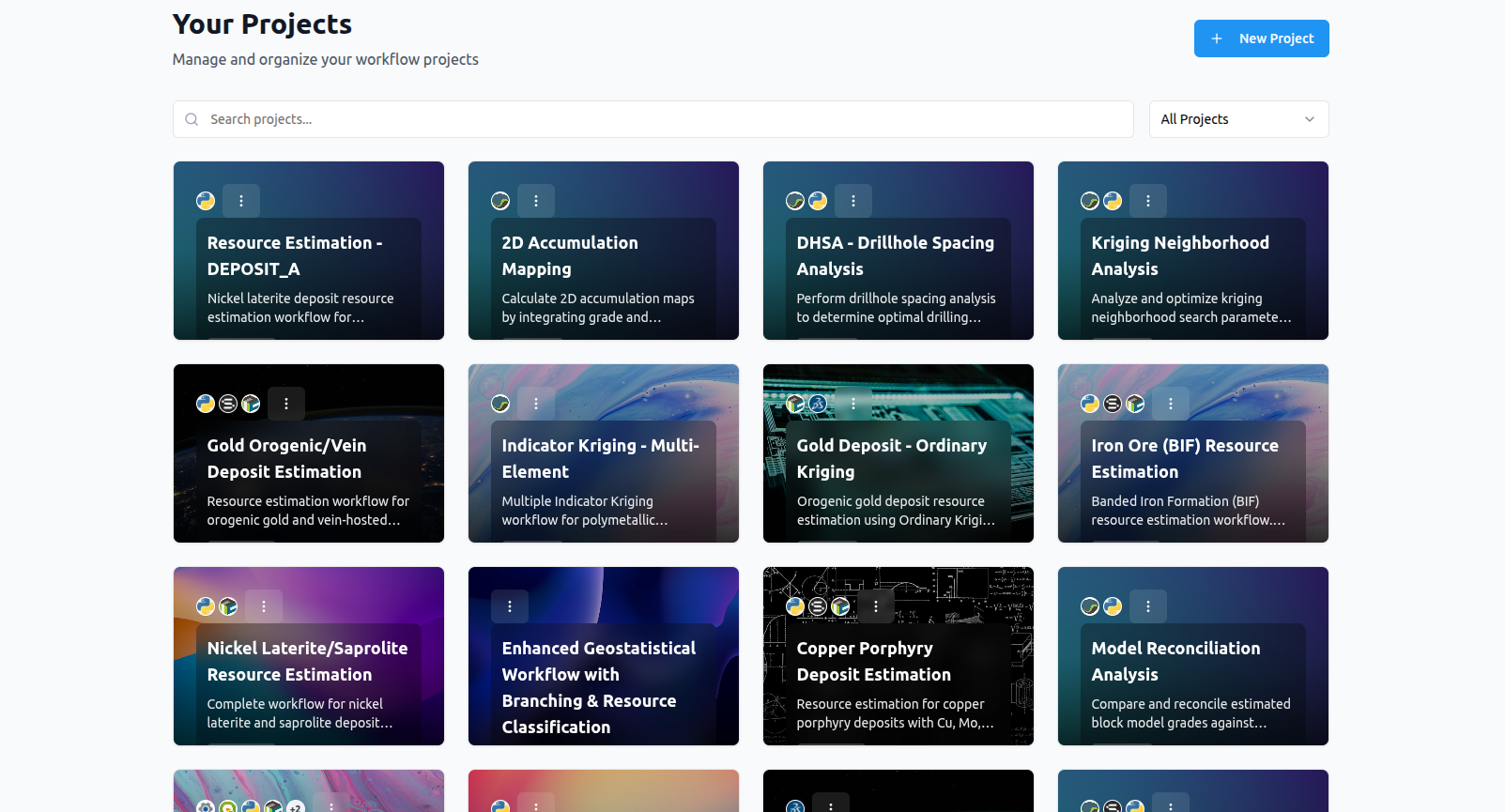 Oreframe workflow templates dashboard showing resource estimation, grade control and geological modeling templates